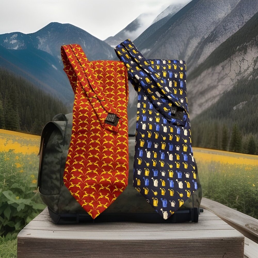 Set Of 2 Zachary Wyatt Silk Ties W/ Blue-Water Cans & W/ Rust /Gold Leaping Deer